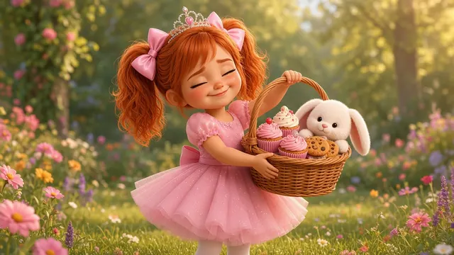 Ariana, in a pink dress with bows, holds a basket of coloured eggs and a plush bunny.