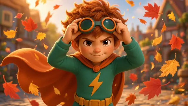 Mattias, in an orange cape and aviator goggles, in Happy Town.