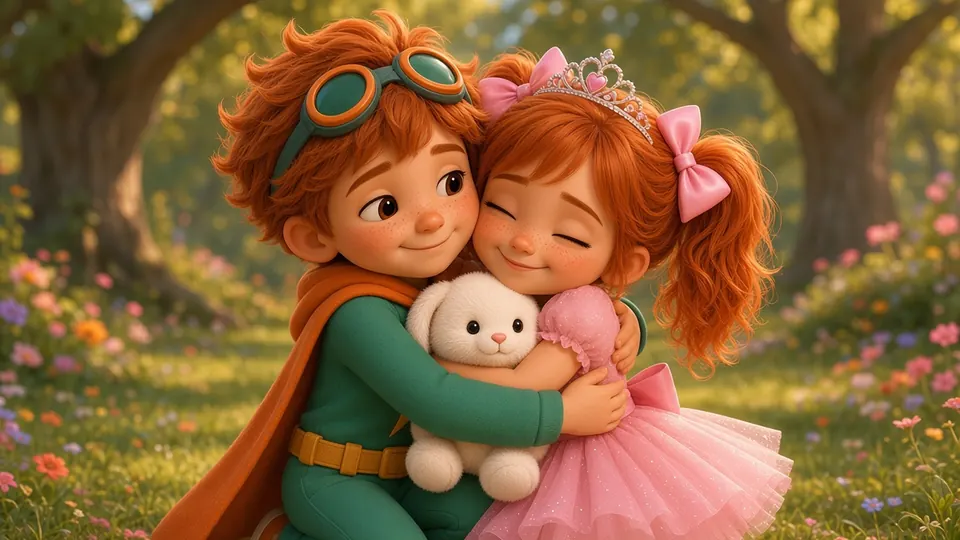 Mattias and Ariana hug in a sunny forest.