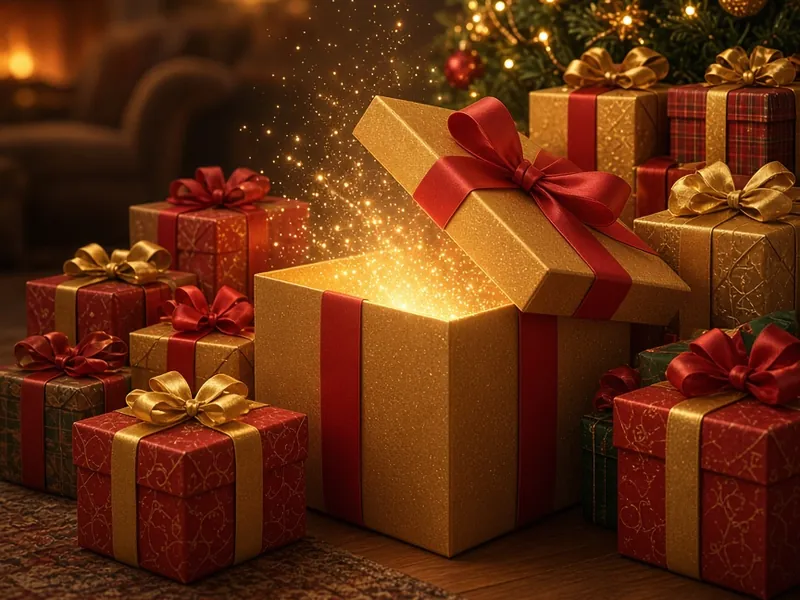 Gifts wrapped in red and gold under a lit Christmas tree.