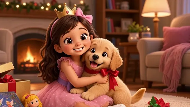 Still from a personalised song video: a little girl wearing a tiara hugs a puppy.
